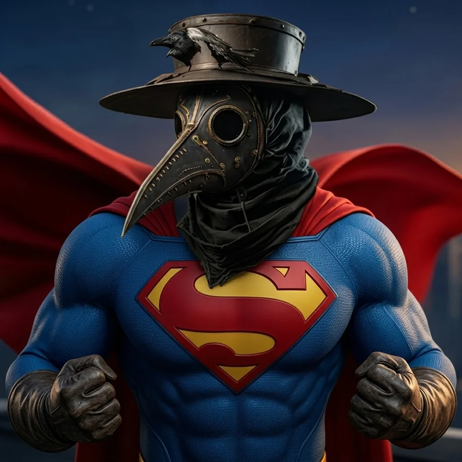 Super Plague: a muscular hero in a blue suit and red cape wearing a plague doctor mask and wide hat, a raven perched on the brim