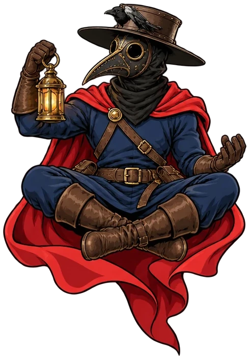 Super Plague floating cross-legged holding a glowing lantern