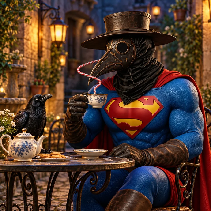 Super Plague sitting at a cafe table at dusk, drinking tea through a striped straw under his mask, a raven beside the teapot